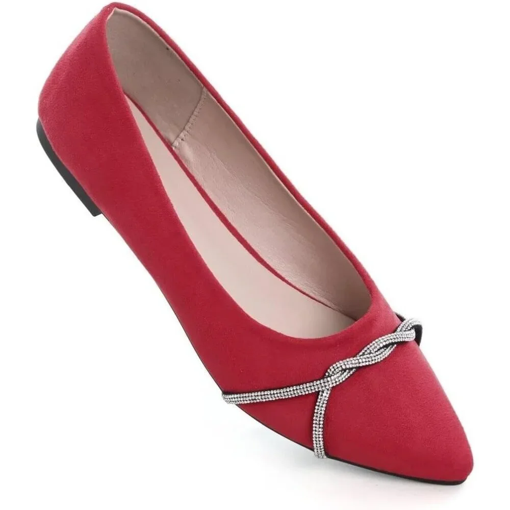 Women's Red Casual Flats Fashion Chain Pointed Toe Ballet Flat Rhinestone